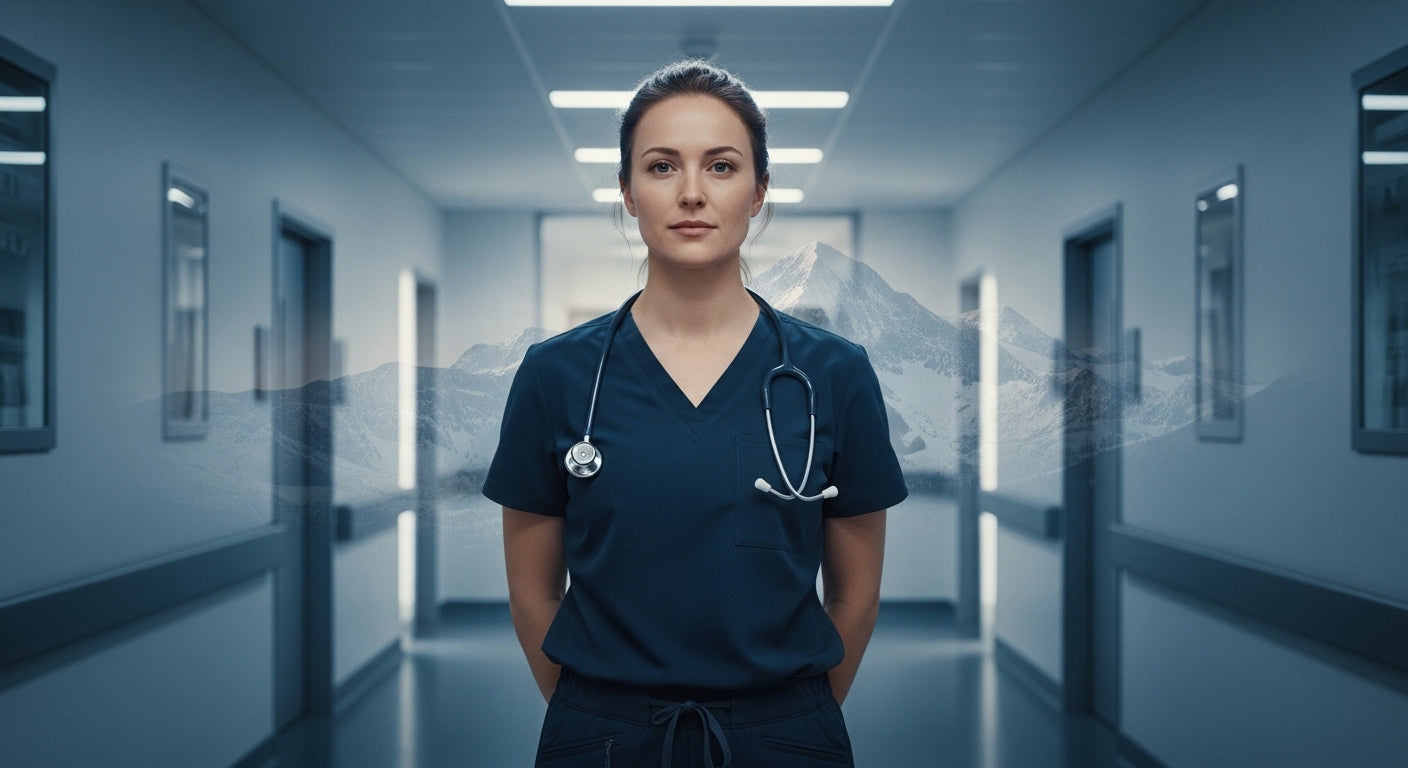 Healthcare professional wearing performance scrubs designed for long hospital shifts in 2026