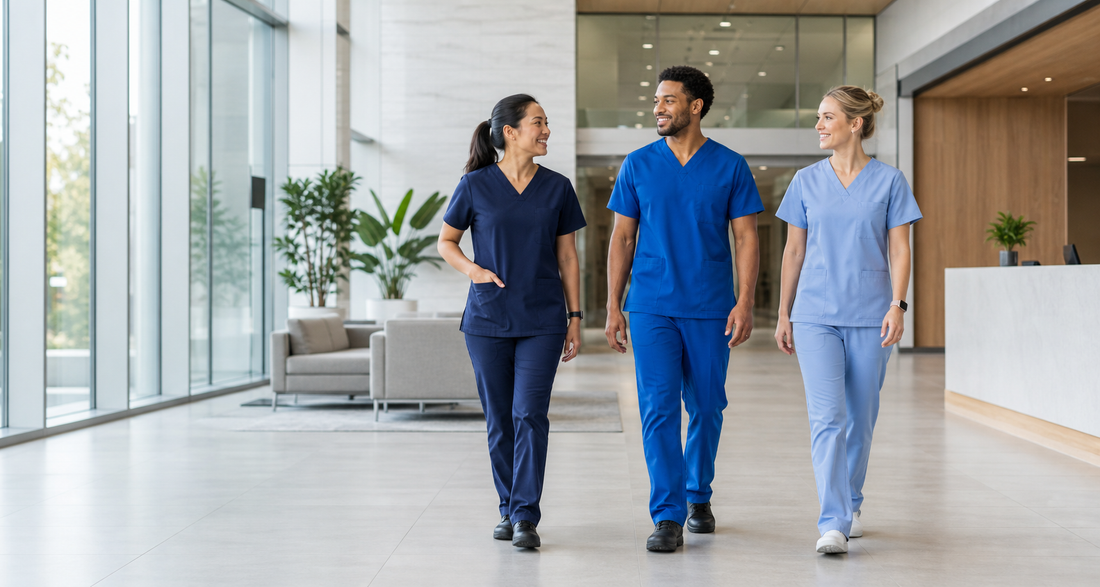 Healthcare professionals comparing navy, royal blue and ceil blue scrubs