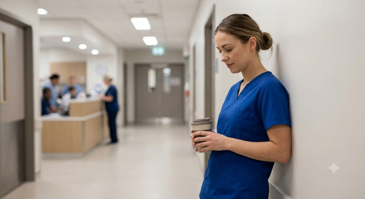 Healthcare worker wearing comfortable navy blue medical scrubs during a 12-hour hospital shift