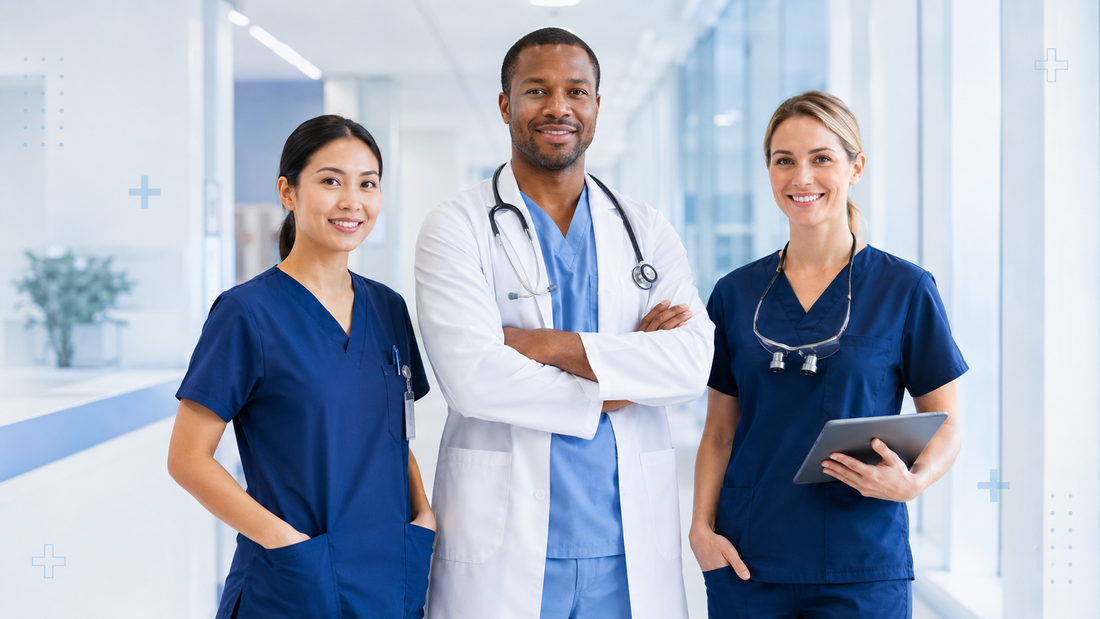 Healthcare professionals wearing blue medical scrubs in a modern hospital
