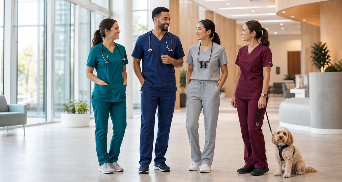Nurse, doctor, dental professional and veterinary technician wearing modern scrubs