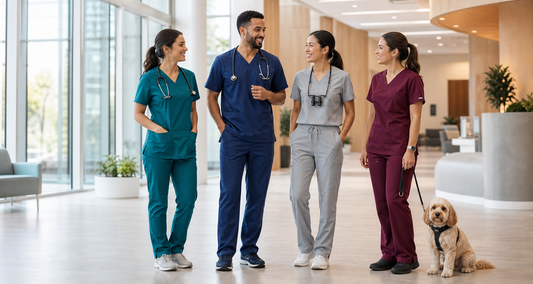 Nurse, doctor, dental professional and veterinary technician wearing modern scrubs
