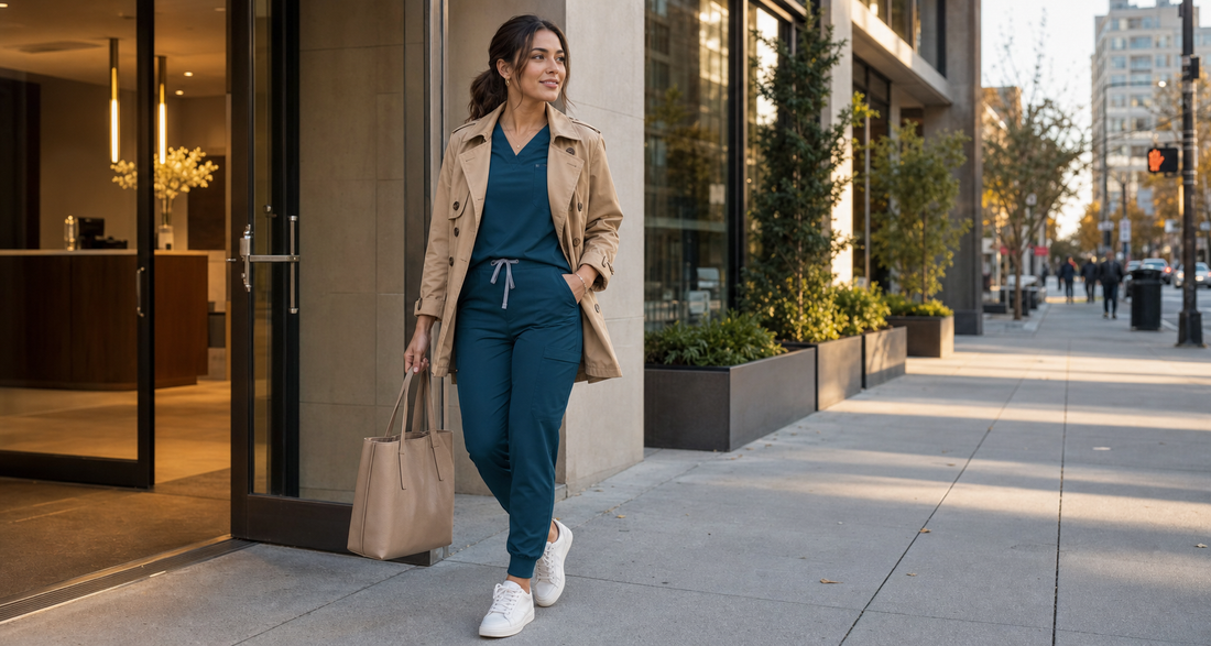 Healthcare professional styling teal jogger scrubs with a camel trench and white sneakers after work