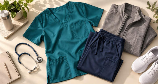 Teal scrub top, navy trousers and grey jacket arranged with work essentials