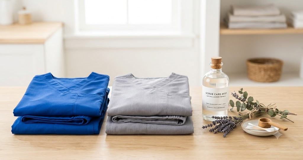 Folded blue gray scrubs, scrub care