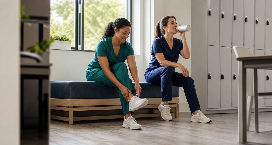 Healthcare workers taking a brief hydration and stretching break during a long shift