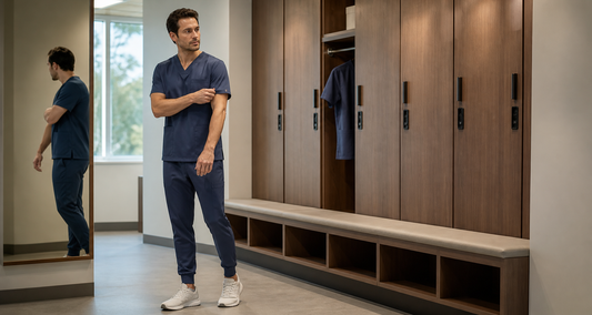 Male healthcare professional wearing modern slate-blue medical scrubs