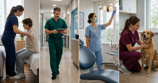 Nurse, doctor, dental professional and veterinary technician wearing scrubs at work
