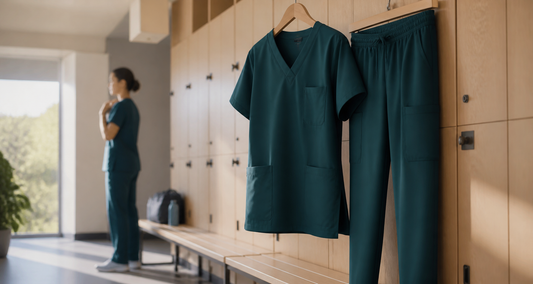 Premium medical scrubs with refined fabric, fit and construction in a healthcare locker room