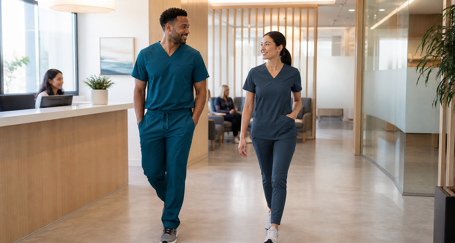 Healthcare professionals comparing relaxed-fit teal scrubs and slim-fit navy scrubs