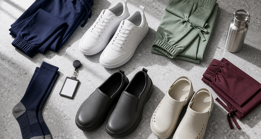 White sneakers, black slip-on work shoes and medical clogs paired with jogger scrubs