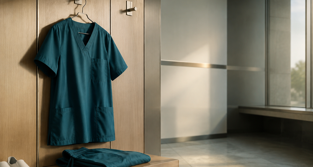 Teal medical scrubs displayed in a modern hospital changing room
