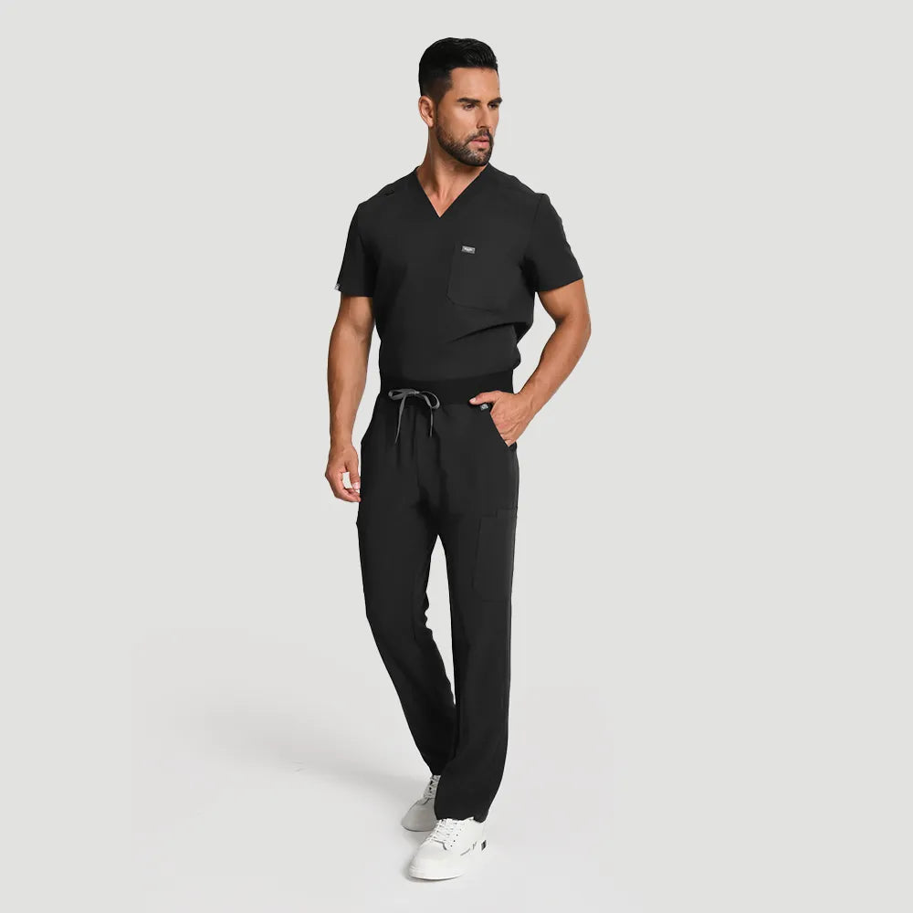 KungFu Scrubs men’s black medical scrub set full body side front view