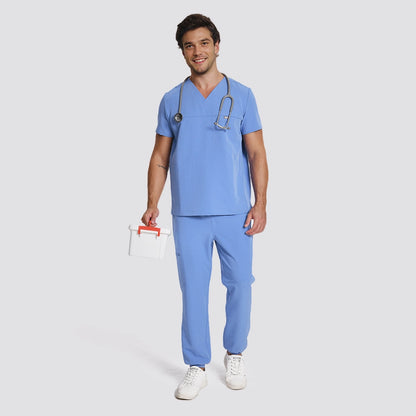 KungFu Scrubs ceil blue men's scrub set with V-neck top and jogger pants, shown on male healthcare model