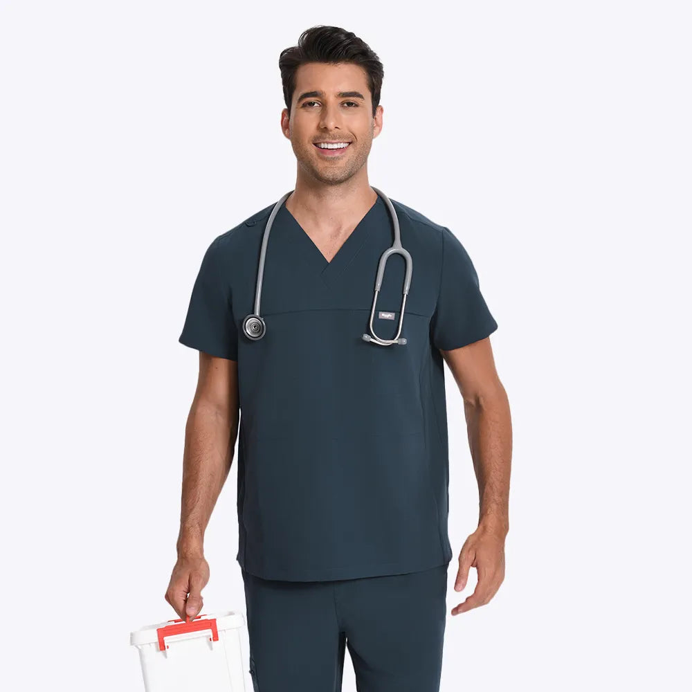 KungFu Scrubs dark harbor men's V-neck scrub top and jogger pants with professional healthcare styling