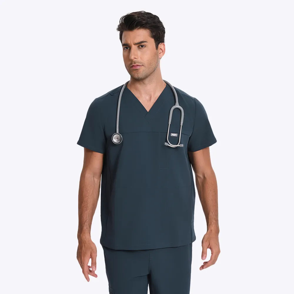 KungFu Scrubs dark harbor men's scrub top close-up with stethoscope and clean modern fit
