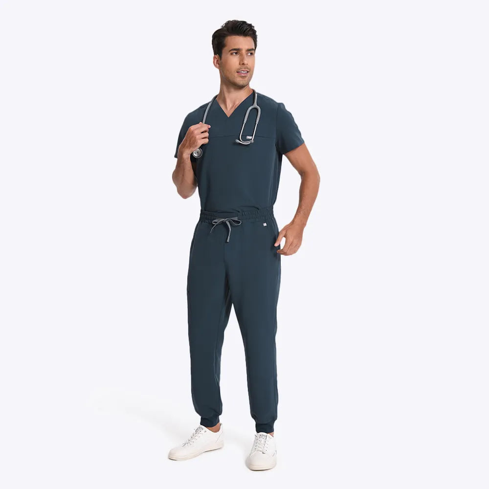 KungFu Scrubs dark harbor men's scrubs full body view with adjustable drawstring jogger pants