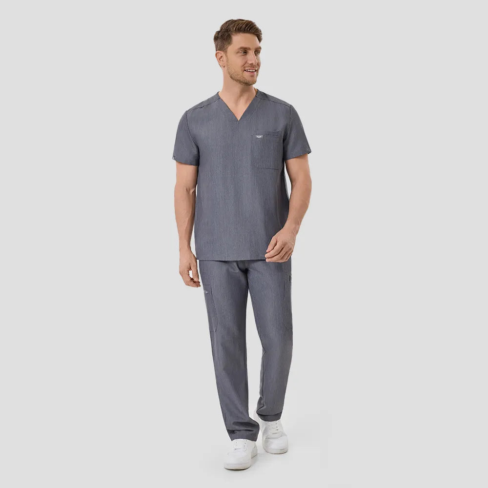 KungFu Scrubs men’s graphite scrub set full body walking pose for healthcare professionals