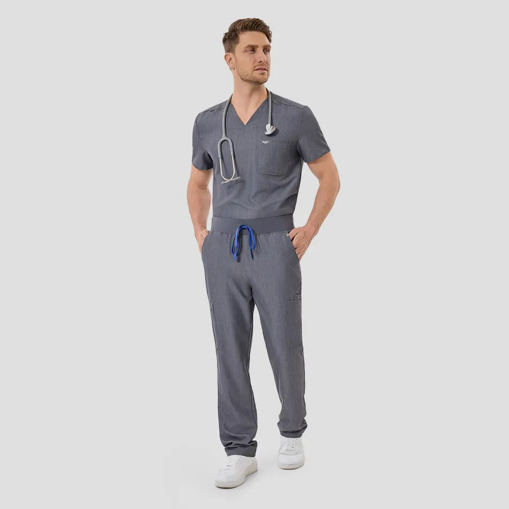 KungFu Scrubs men’s graphite scrub set full body front view with drawstring pants