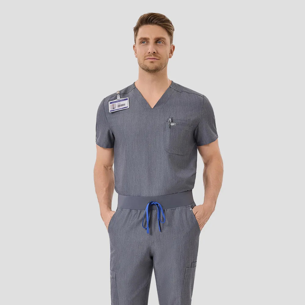 KungFu Scrubs men’s graphite medical scrub set front view with chest pocket and badge