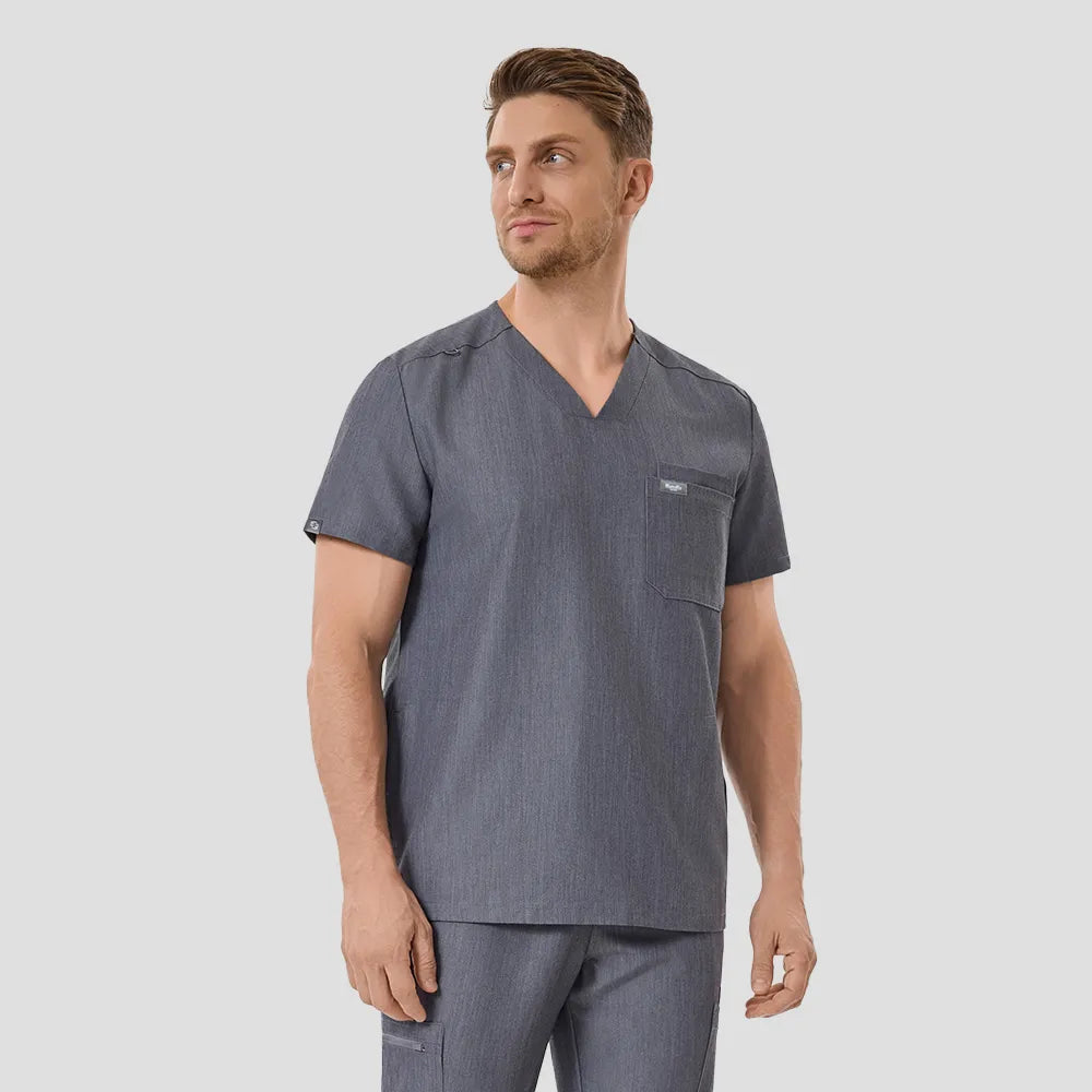 KungFu Scrubs men’s graphite V-neck scrub top side front view with professional fit