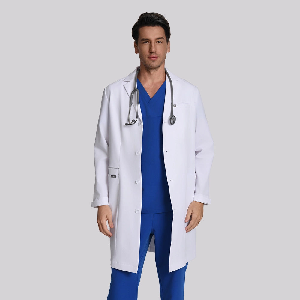 KungFu Scrubs men's long white lab coat with stethoscope front view