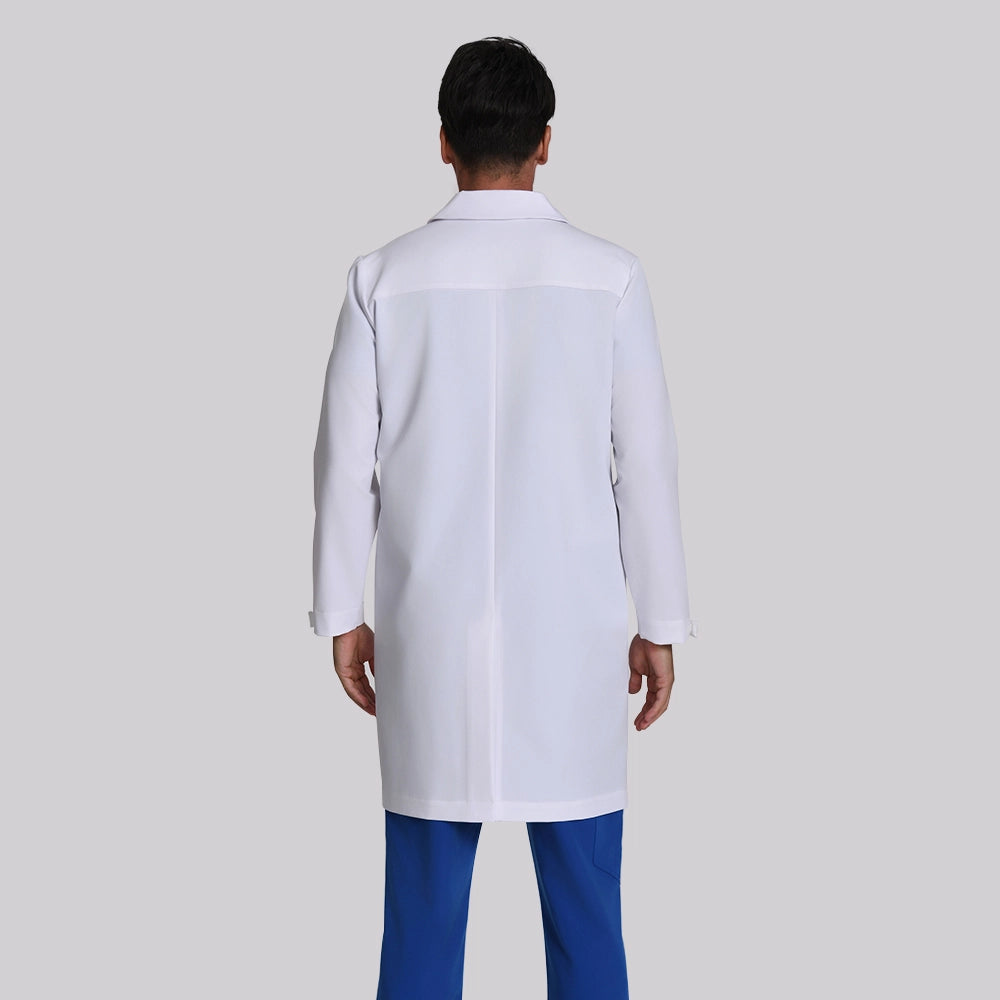 KungFu Scrubs men's long white lab coat back view for doctors and healthcare professionals