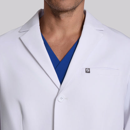 KungFu Scrubs men's lab coat chest pocket and lapel close-up