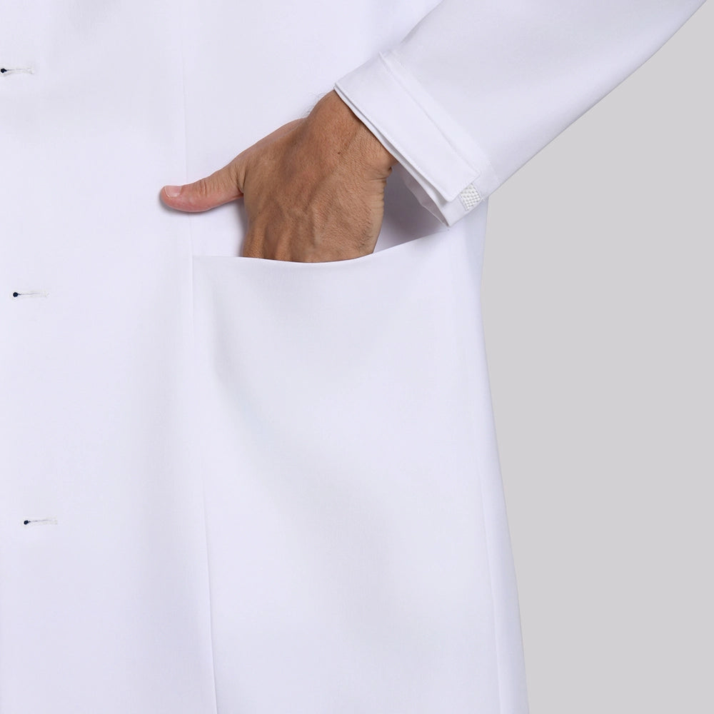 KungFu Scrubs men's white lab coat side pocket and cuff close-up
