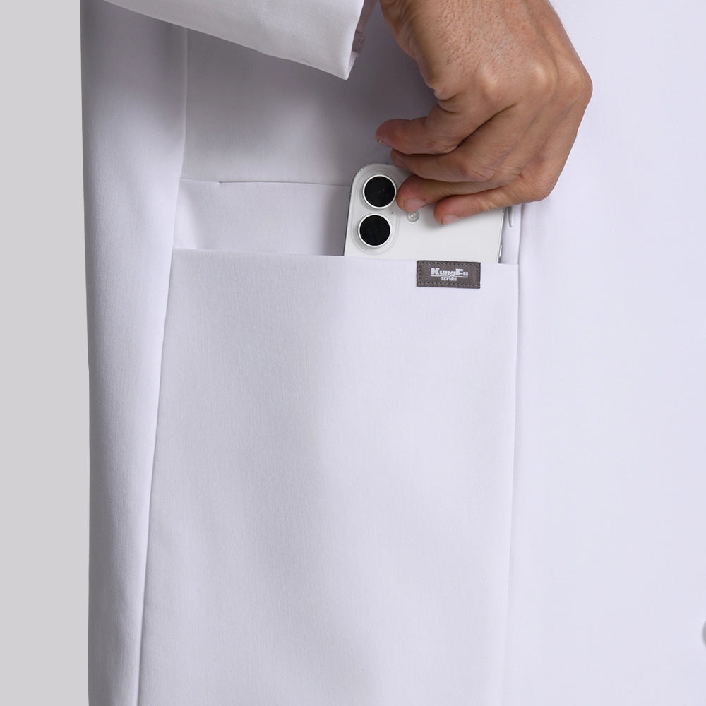 KungFu Scrubs men's white lab coat front pocket with phone storage