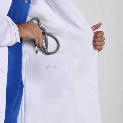 KungFu Scrubs men's white lab coat inner pocket with stethoscope