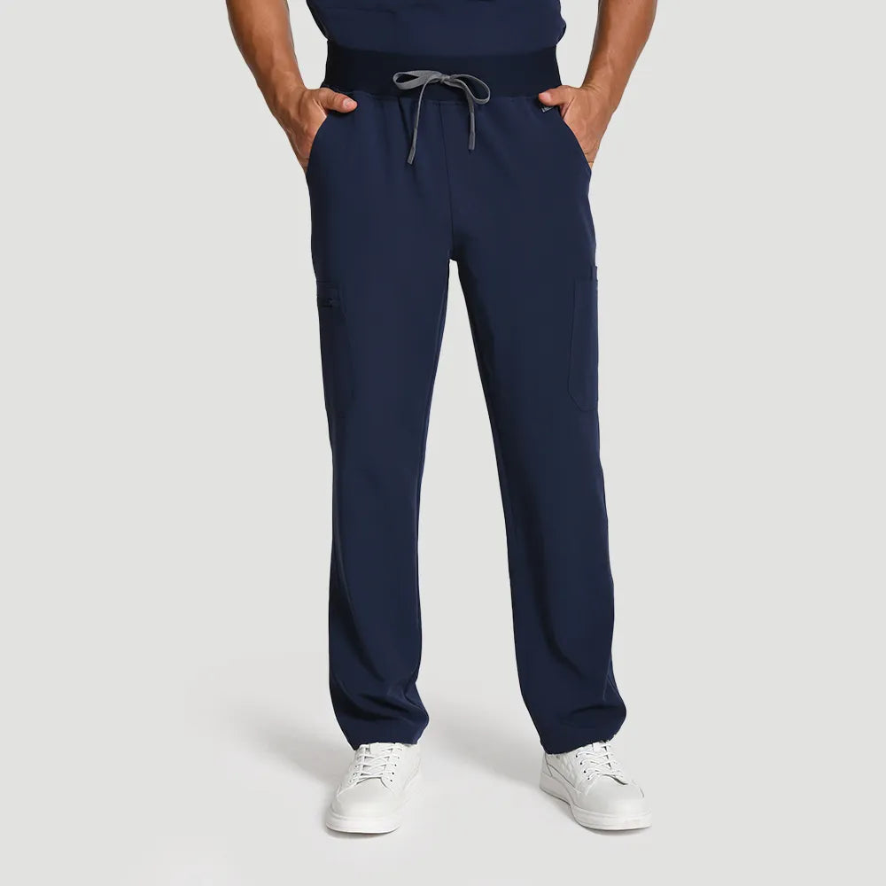 KungFu Scrubs men’s navy scrub pants front view with drawstring waist and side pockets